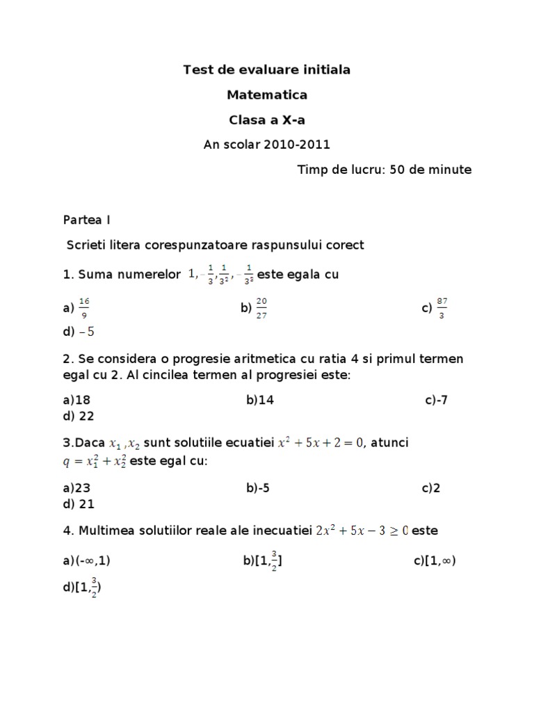 Test de Evaluare Initiala Cls A IX-A | PDF