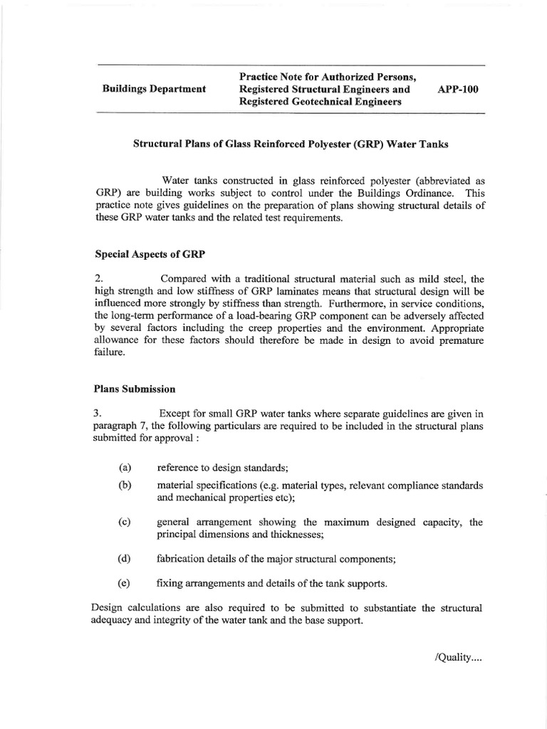 APP100 Structural Plans of Glass Reinforced Polyester (GRP) Water Tanks ...