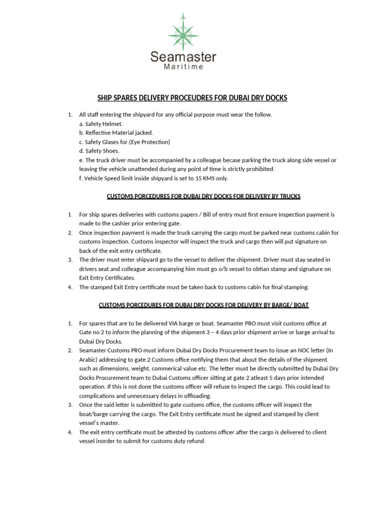 Procedure For Shiip Spares Delivery at Dubai Dry Docks Dated 15.09.2019 ...