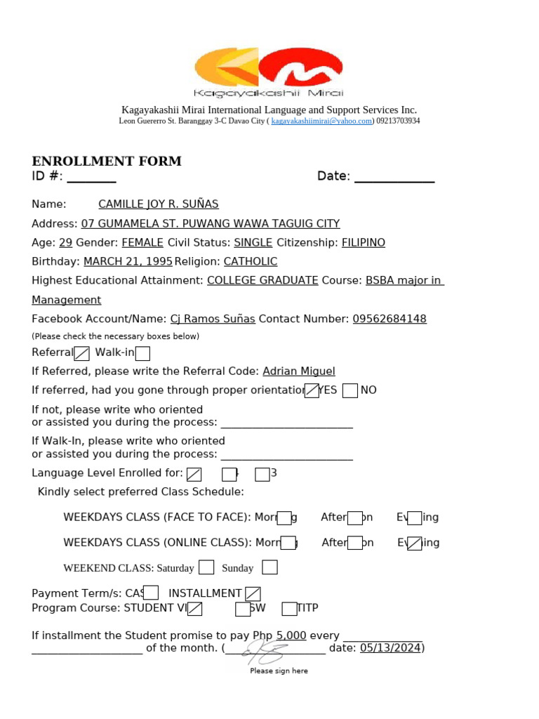 Enrollment Form for Japanese Language Course | PDF | Career & Growth ...
