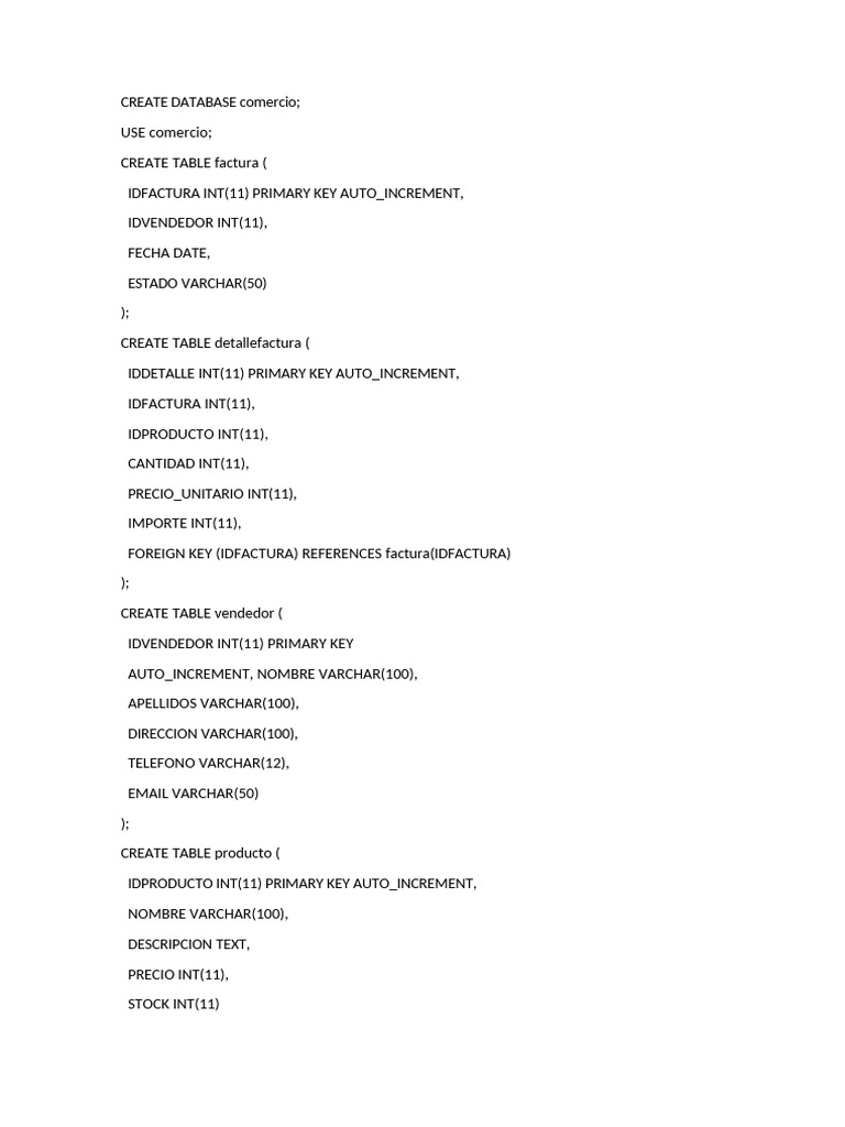 Create database comercio pdf