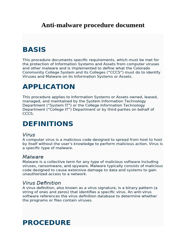Anti-Malware Procedure Document | PDF