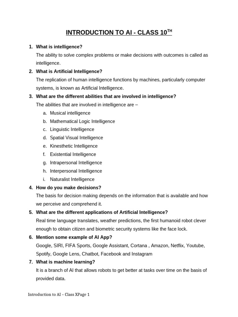 Introduction to ai class 10 cbse important questions with answers pdf