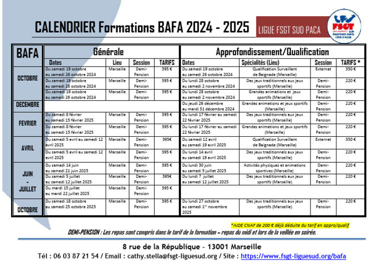 Calendrier Bafa Fsgt Paca 20242025 PDF