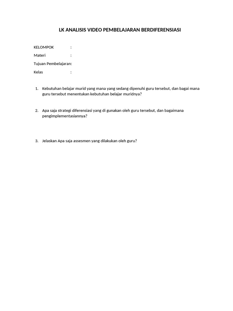 Lk Analisis Video Pembelajaran Berdiferensiasi | PDF