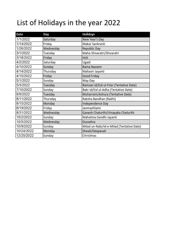 Holiday list pdf