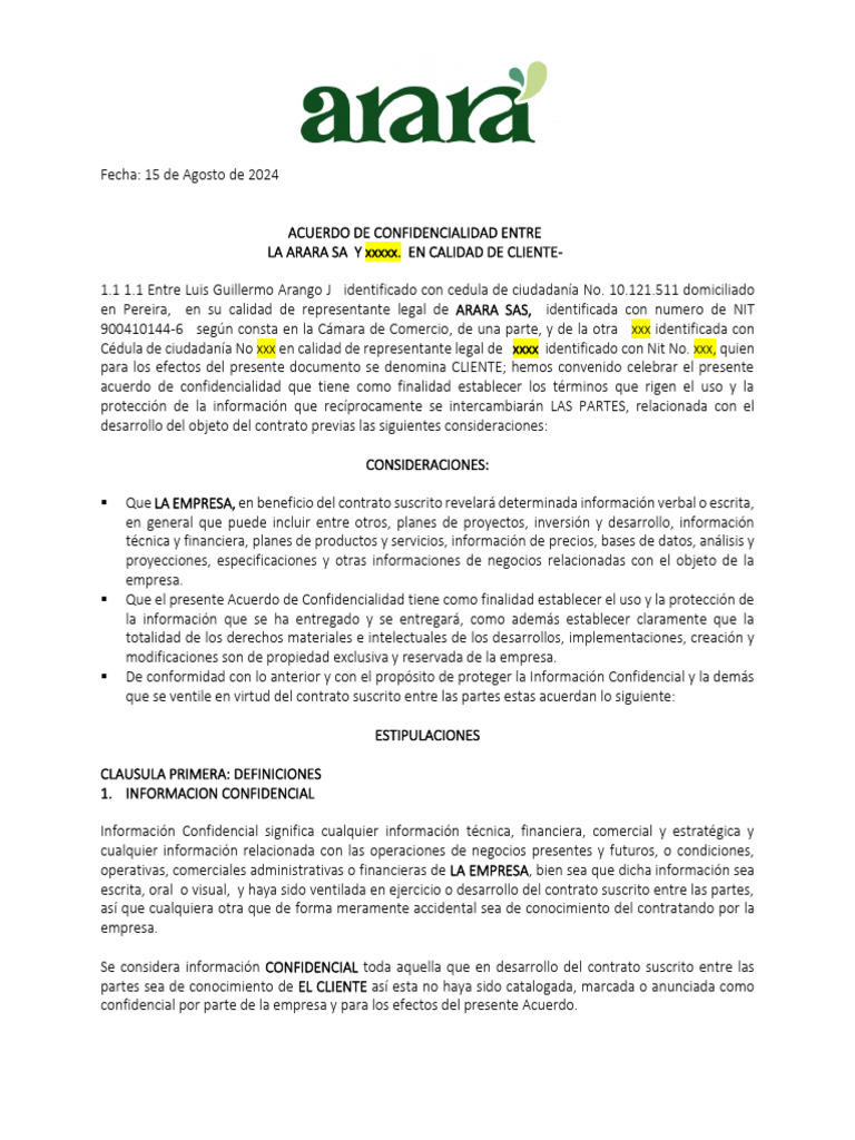 Fomato Acuerdo de Confidencialidad | PDF