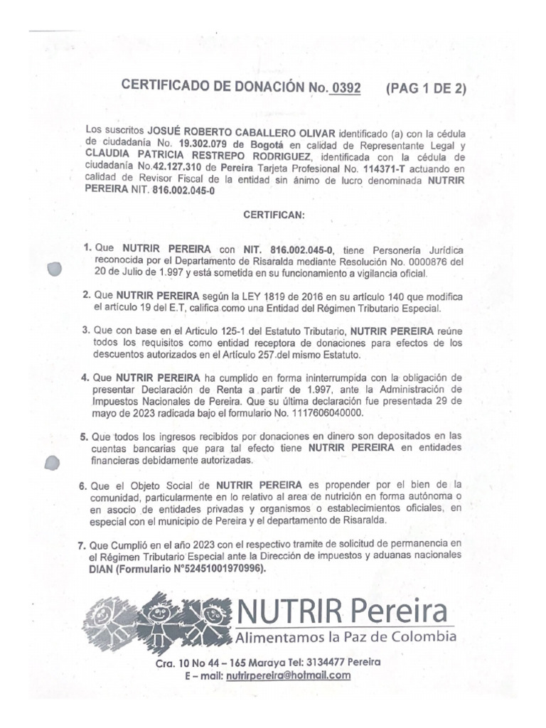 CERTIFICADO DE DONACIÓN No. 0392 | PDF