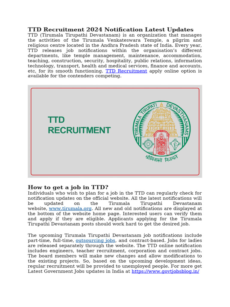 TTD Job Recruitment Notification and Latest TTD Jobs Alerts | PDF ...