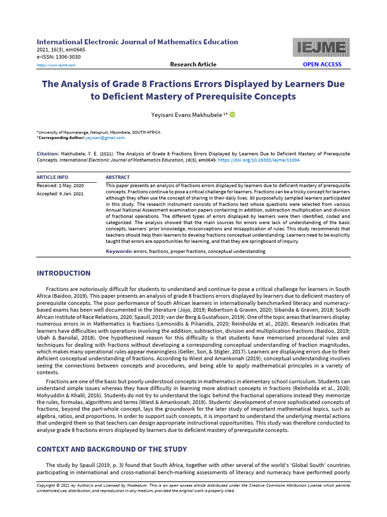 The Analysis of Grade 8 Fractions Errors Displayed by Learners Due To ...