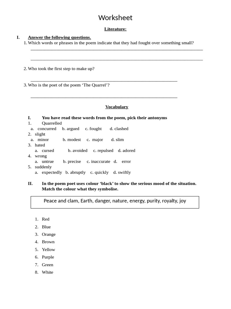 Worksheet: Literature: I. Answer The Following Questions | PDF