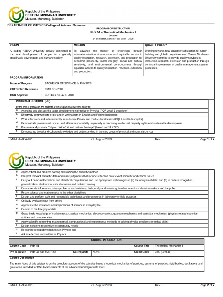 PHY 51 Syllabus - 1st Sem - 2024-2025 | PDF