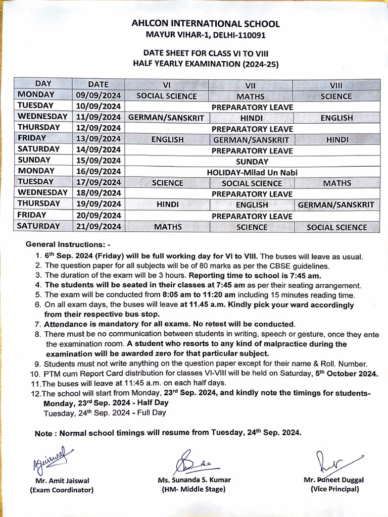 Half Yearly Exam Datesheet - VI-VIII (2024-25) | PDF