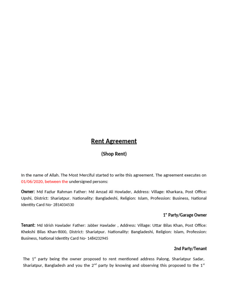 Rent Agreement Shop 1 | PDF