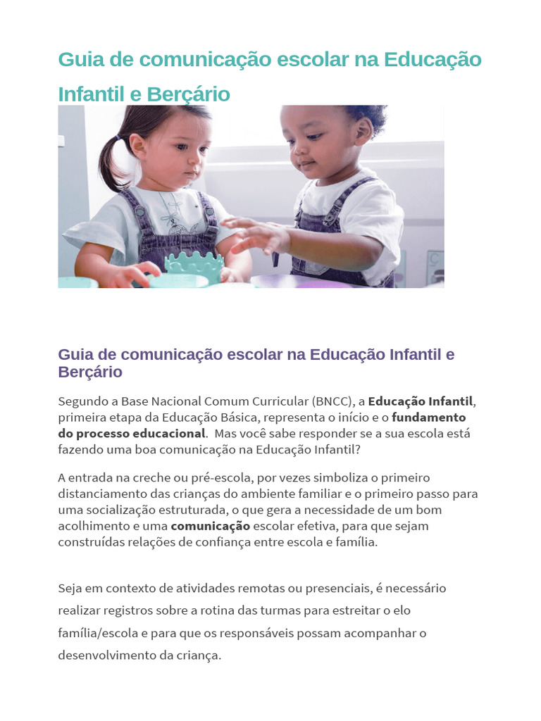 Guia de comunicação escolar na Educação Infantil e Berçário | PDF