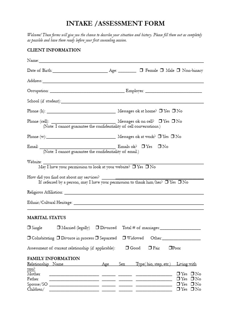 Counseling Intake Assessment Form | PDF | Psychotherapy | Substance Abuse