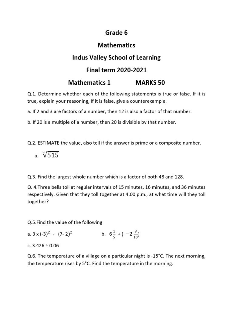 Grade 6 Mathematics Exam Paper 2021 | PDF