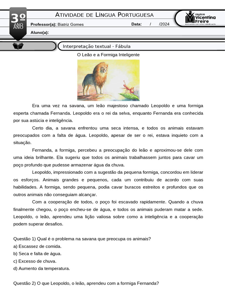 INTERPRETAÇÃO TEXTUAL (Fábula) 3° Ano | PDF