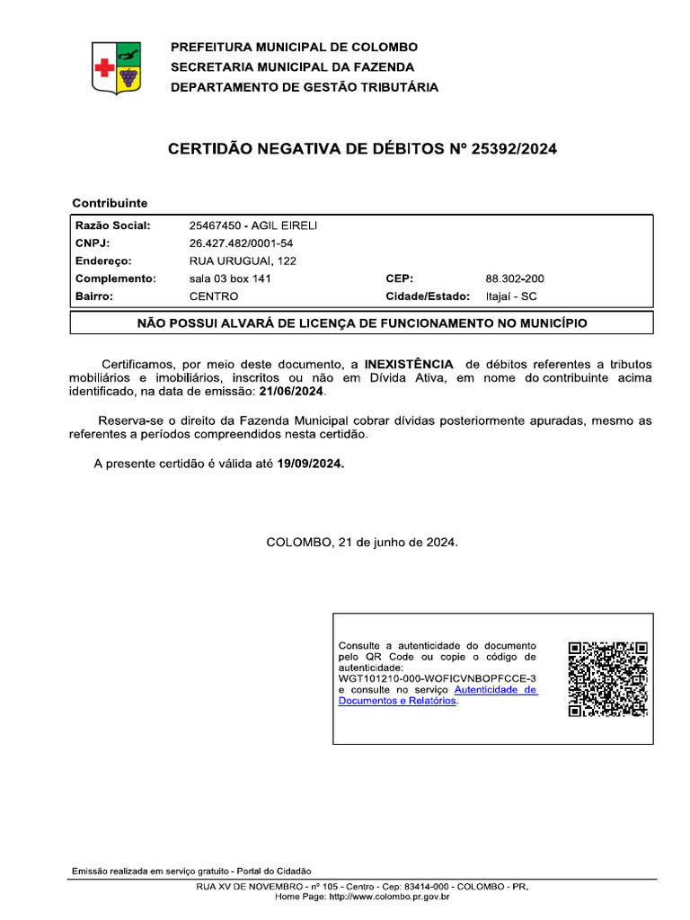 CND Municipal Colombo Validade 19.09.2024 | PDF