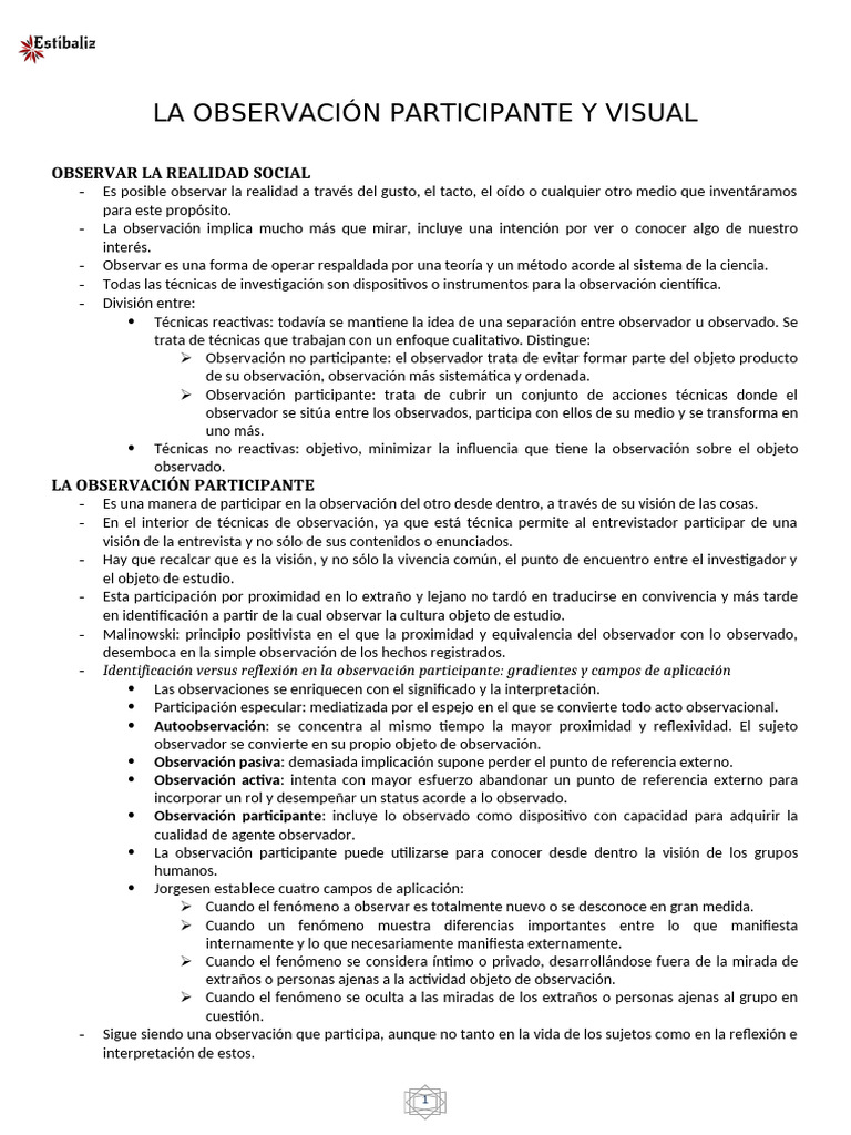 Tema 2 - La Observación Participante y Visual | PDF