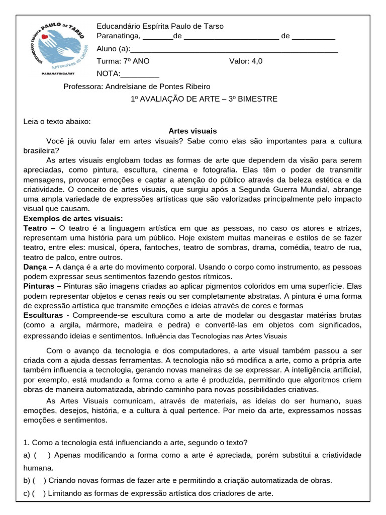 Prova Artes 7° Ano 3° Bim | PDF