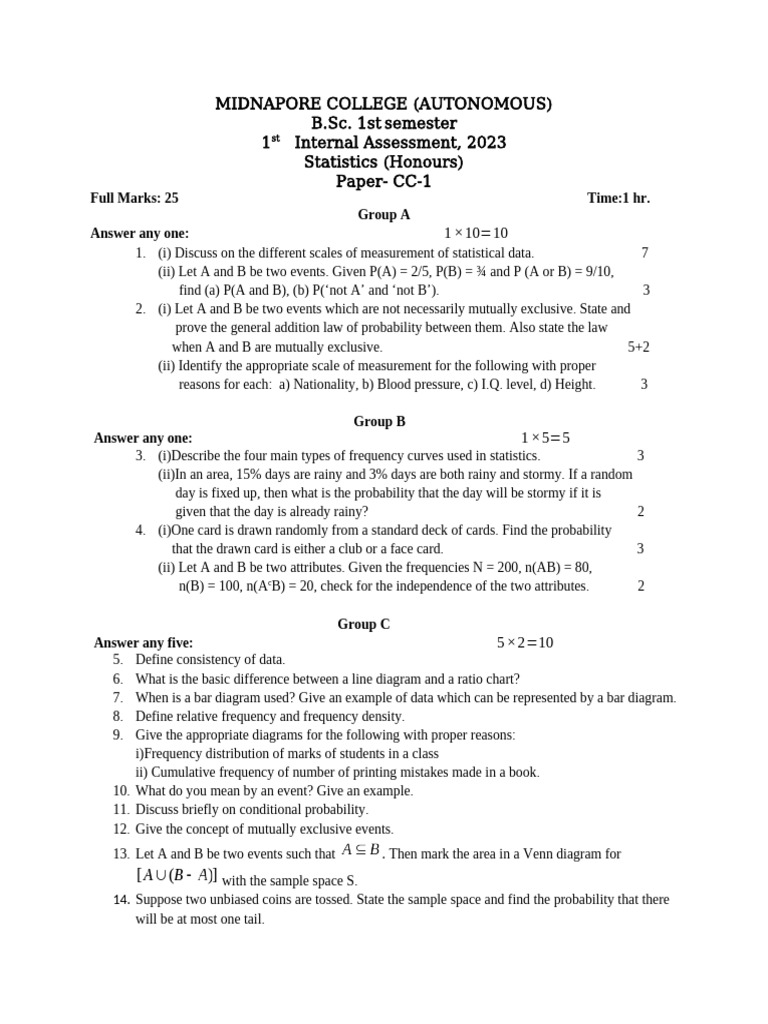 B.Sc. Statistics Internal Assessment 2023 | PDF | Probability ...
