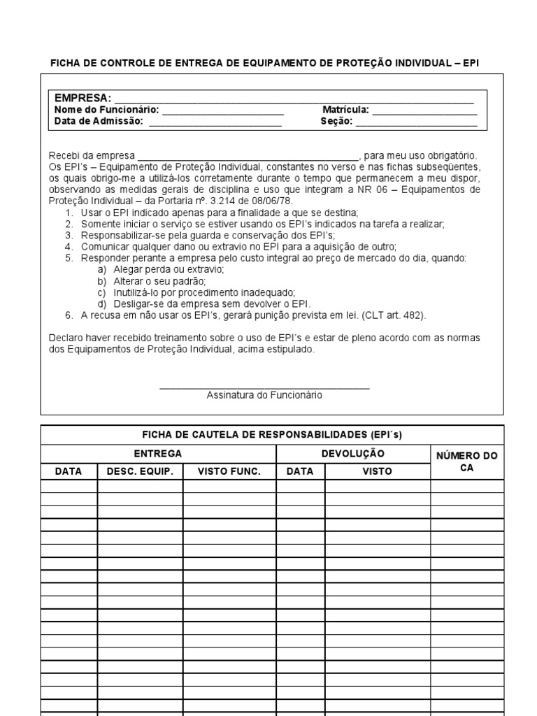 Ficha de Controle de Epi