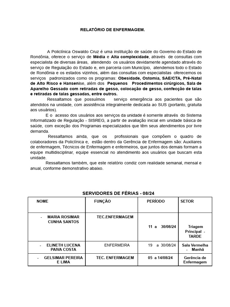 Relatorio de Enfermagem | PDF