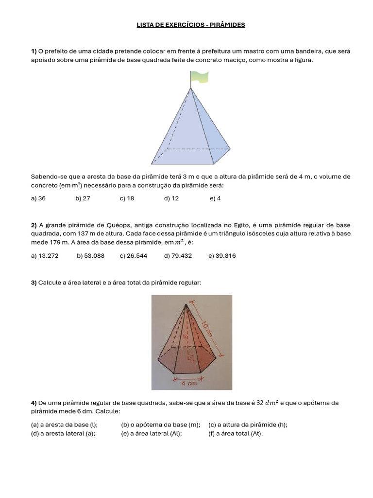 LISTA DE EXERCÍCIOS - PIRÂMIDES (1) | PDF
