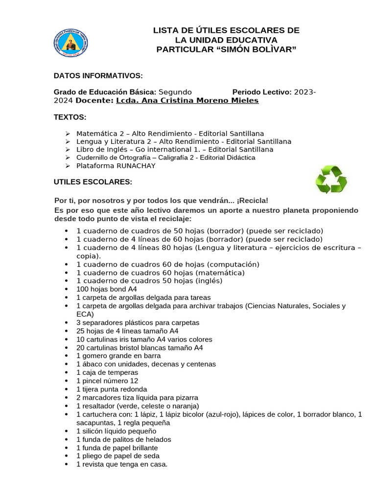 4, - LISTA DE UTILES ESCOLARES 2023 2024 SEGUNDO GRADO Lcda CRISTINA ...