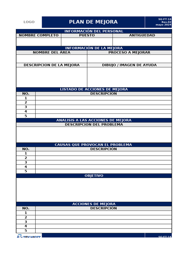 SG-FT-14 Plan de Mejora | PDF