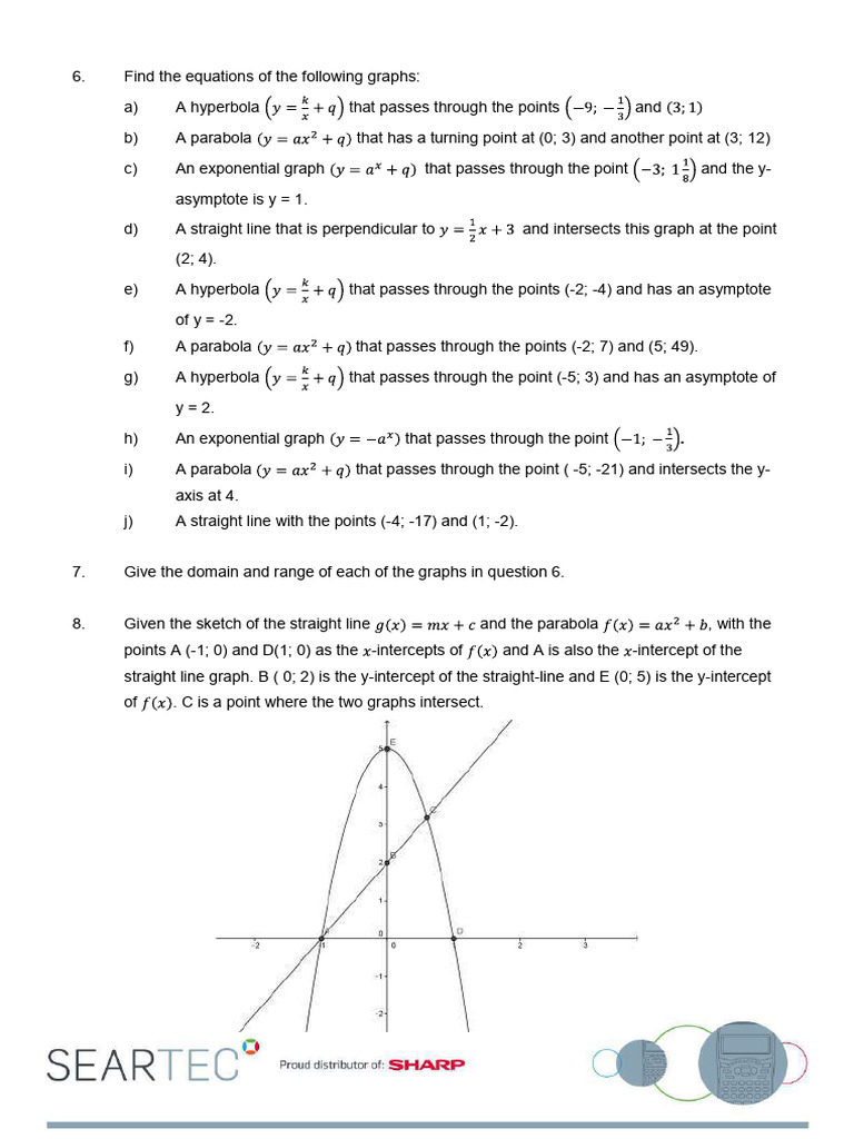 Worksheet 10 Hyperbolas Parabolas and Exponential Graphs Grade 10 ...