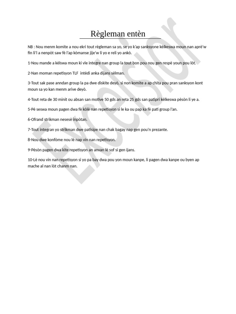 Règleman Entèn Excelsior | PDF