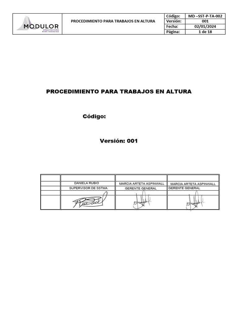 Md-Sst-Ta-002 - Procedimiento para Trabajos en Altura | PDF