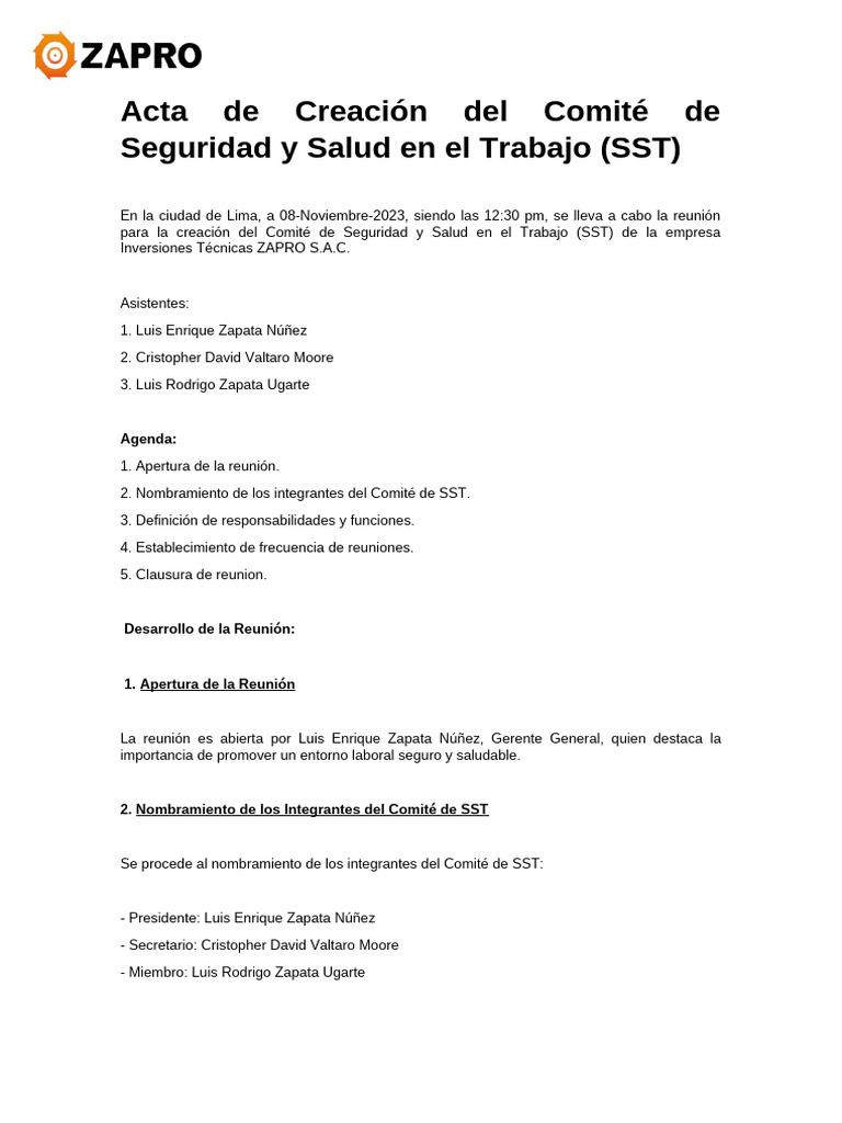 Acta de Creación Del Comité de Seguridad y Salud en El Trabajo | PDF