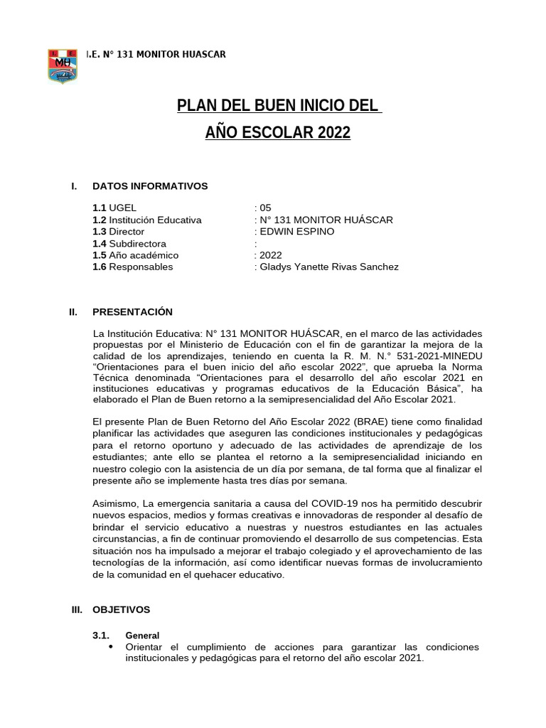 Plan Del Buen Inicio Del Año Escolar 2022 | PDF | Enseñando | Salón de ...