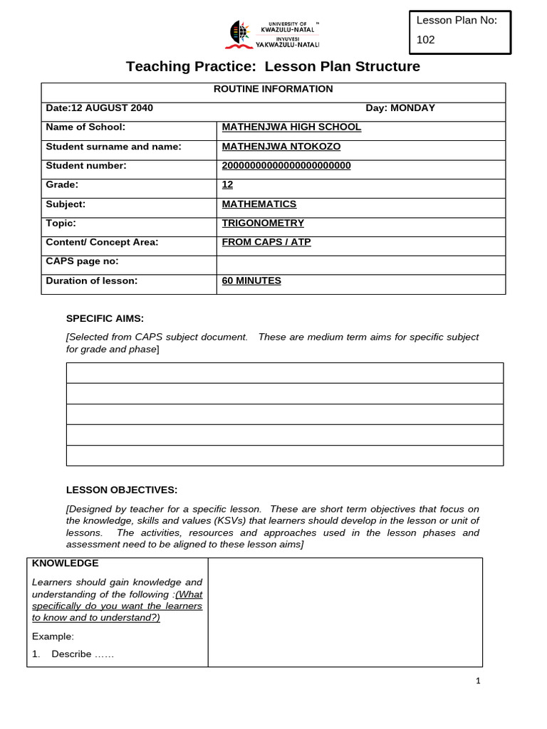 Mathenjwa Lesson Plan Example | PDF