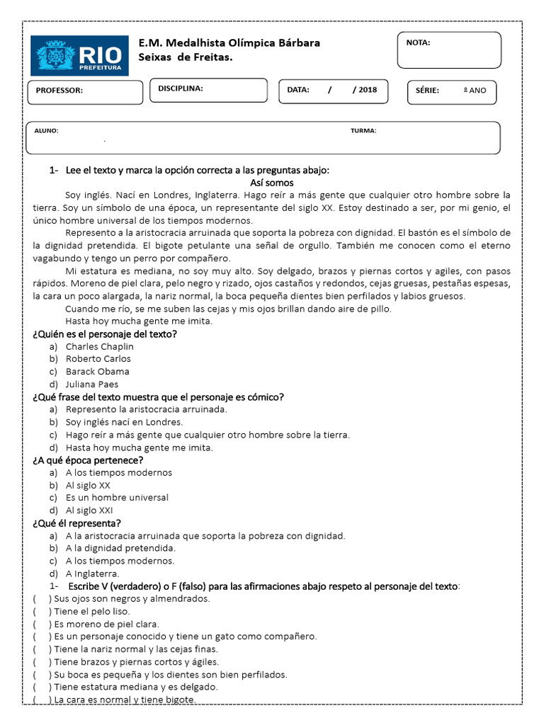 Teste de Espanhol 1º Bimestre | PDF