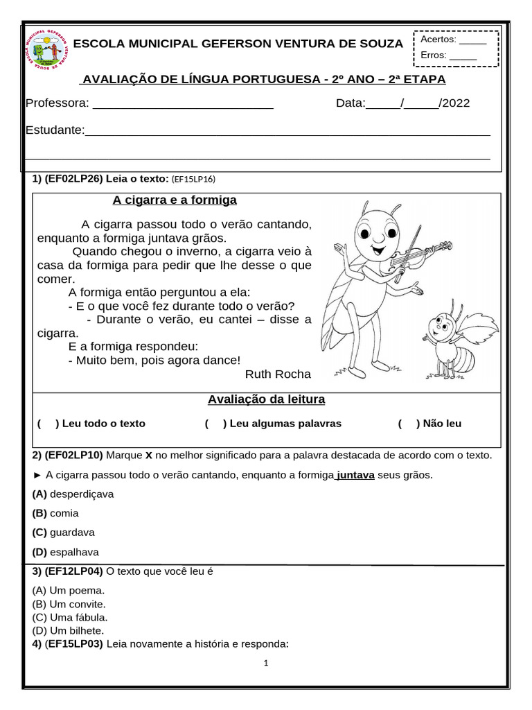 Avaliação de Língua Portuguesa 2º Ano 2 Etapa | PDF