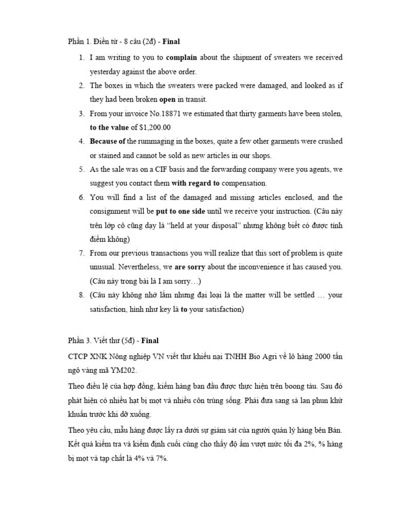 Đề final và midterm TA5 CLC - TACN1 - cô Dương Thủy - 2223 | PDF