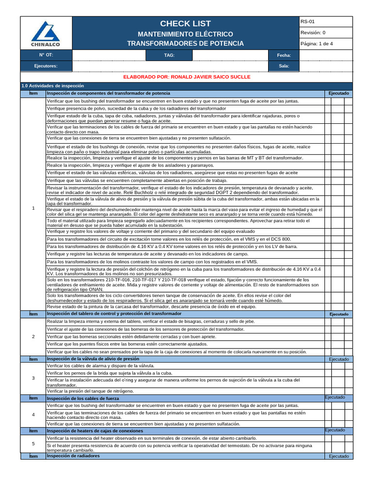 Checklist Del Trafo | PDF