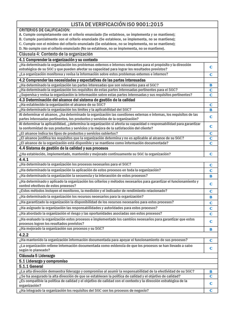 Lista de Verificacion Iso 9001 | PDF