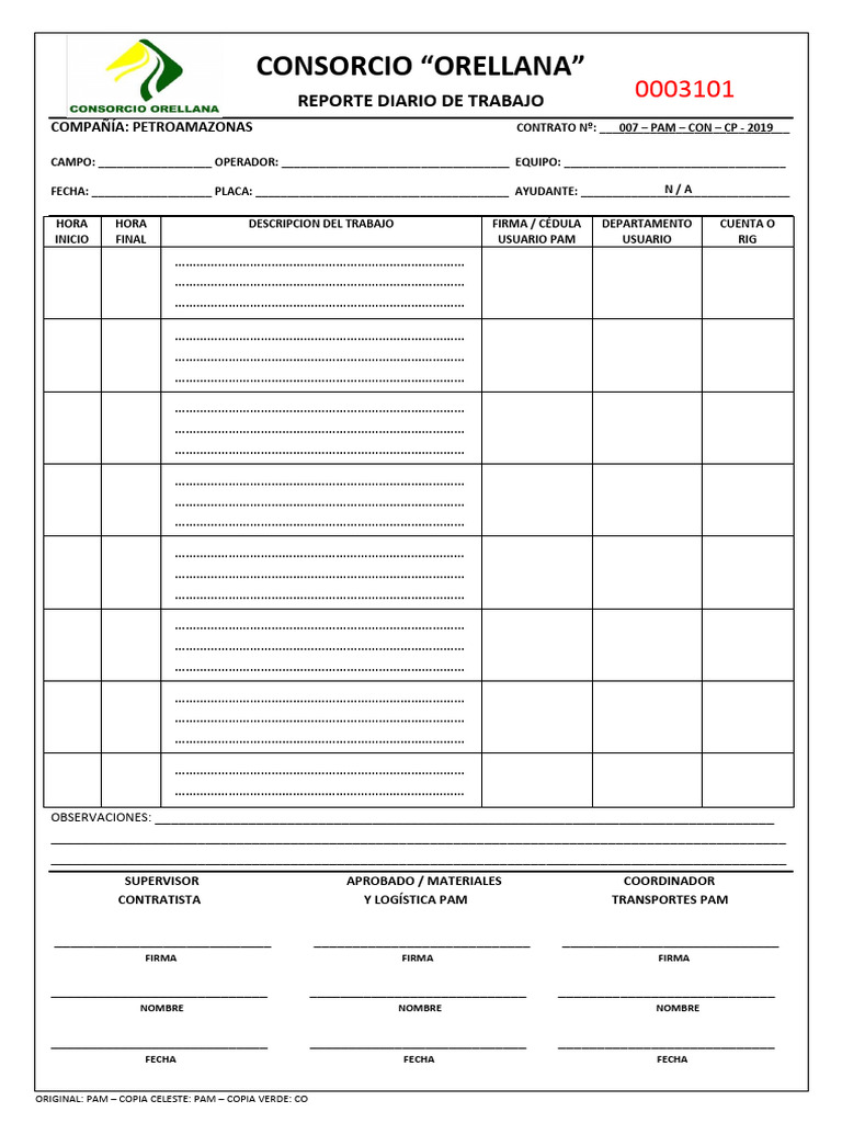 Formato Reporte Diario de Trabajo - CC | PDF