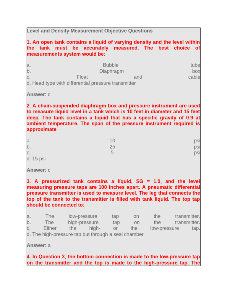 Level and Density Measurement Objective Questions | PDF