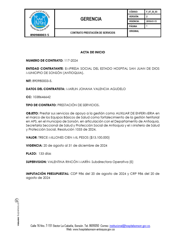 Contrato 117 2024 Marlin Acta de Inicio para Firma Del RP | PDF