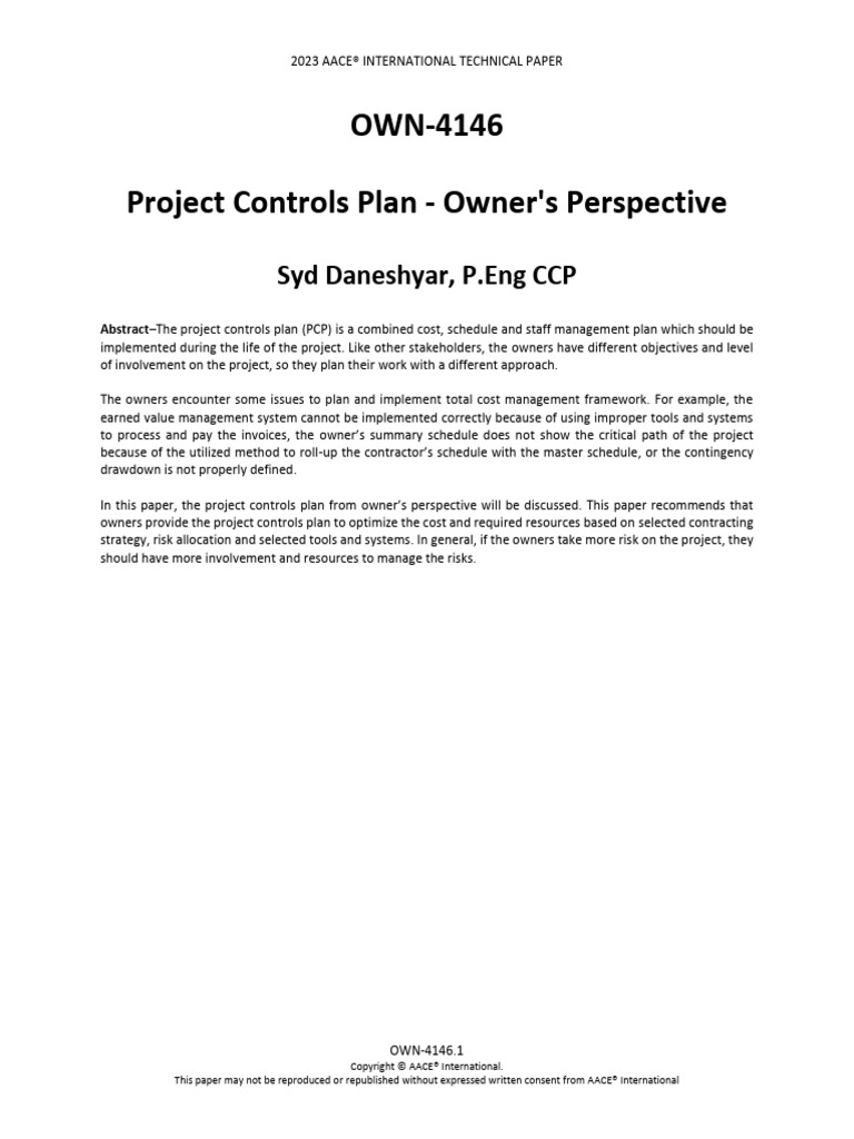 OWN-4146 Project Controls Plan - Owner's Perspective: Syd Daneshyar, P ...