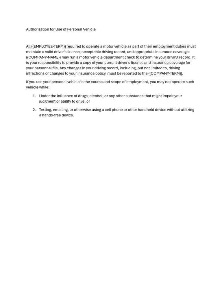 Authorization for use of personal vehicle pdf