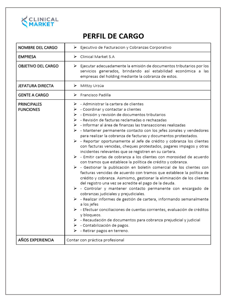 Descripcion de cargo analista de cobranzas y facturacion corporativo