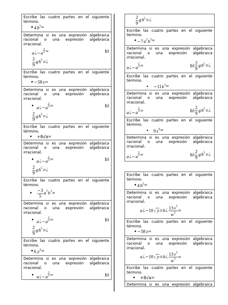 EJERCICIOS DE TALLER OCTAVO EXPRESIONES ALGEBRAICAS | PDF