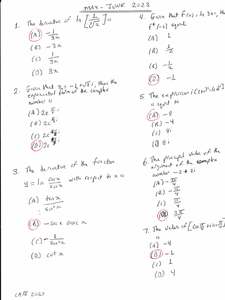 Cape Pure Mathematics U2 P1 May-June 2023 With Answers (Handwritten) | PDF